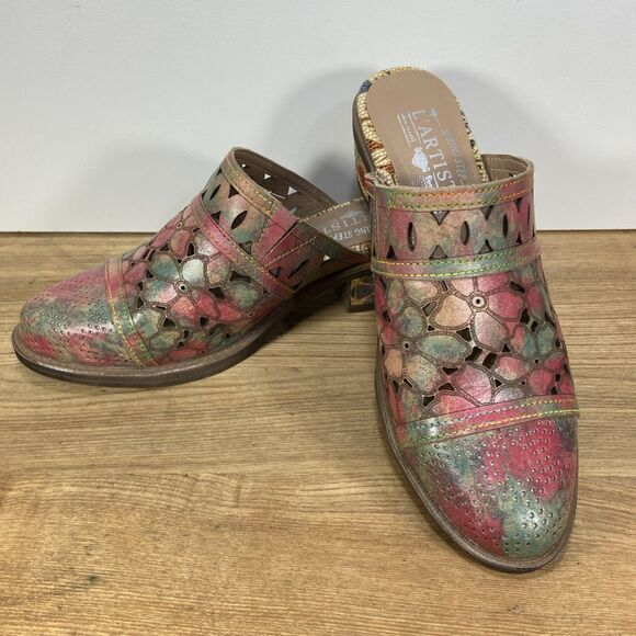 Spring Step Shoes - Spring Step L'Artiste Shoes Womens Size 36 Floral Cut Out Slip On Mules Colorful